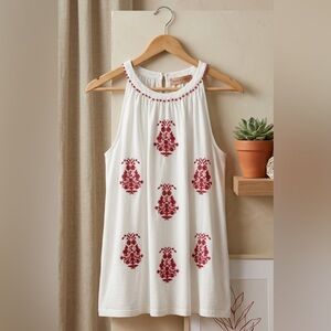 Loft Sleeveless Blouse Red and White Embroidered Size M preppy, soft